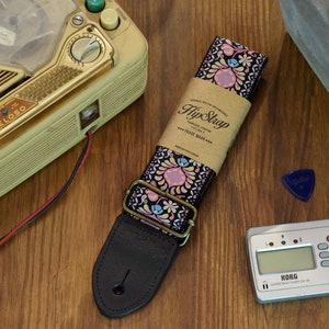 HipStrap Coral Haze Vintage style guitar strap, leather ends, jacquard woven and metal hardware. Handmade. Free Shipping strap.