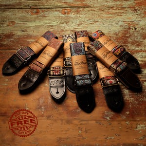 Buy One, Get One Free! Vintage Boho Hippie Guitar Strap, leather ends, jacquard woven design and metal hardware. Handmade. Free Shipping!