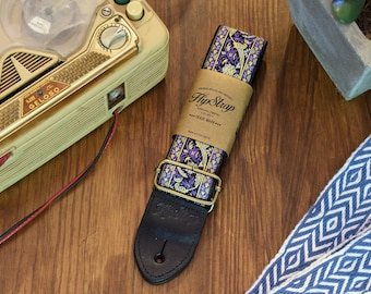 New Limited Edition HipStrap Purpleheart vintage style guitar strap. Jacquard woven design, leather ends, metal hardware. Woodstock