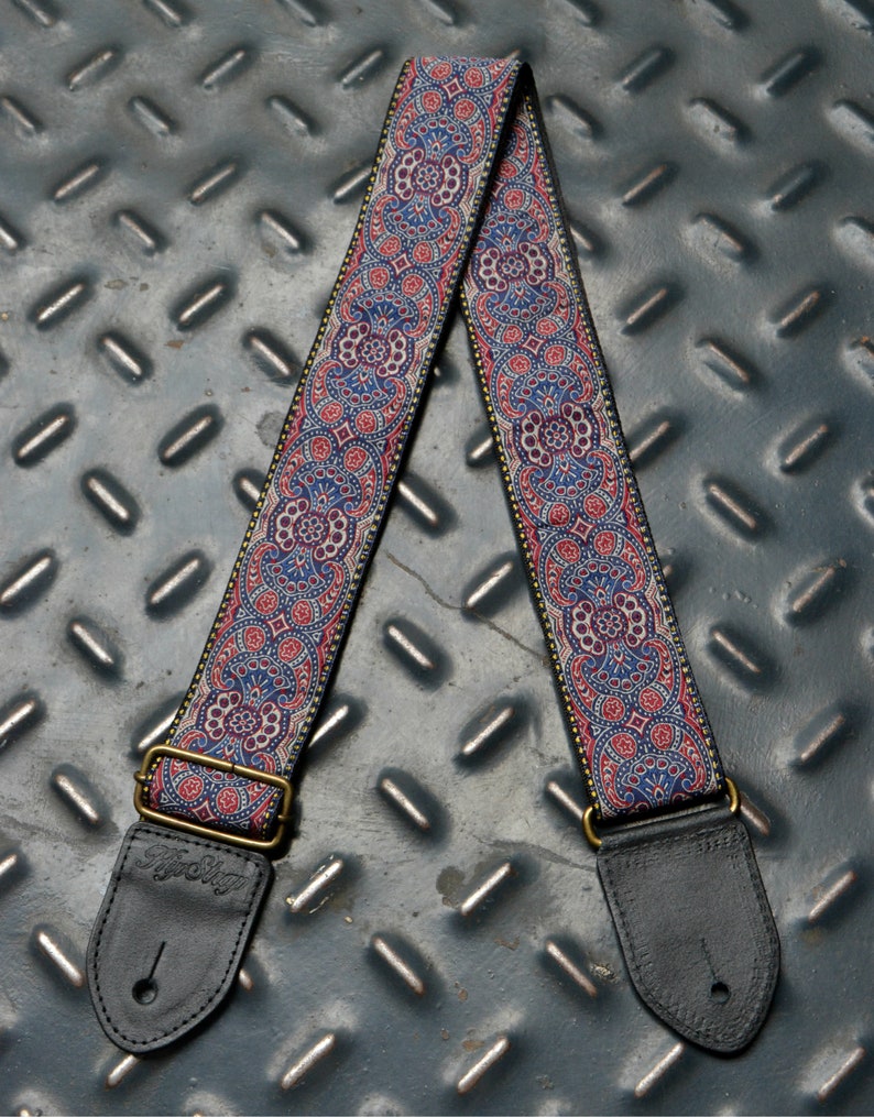 HipStrap Kashmir Midnight Vintage style guitar strap, leather ends, jacquard woven and metal hardware. Handmade.Free Shipping strap image 5