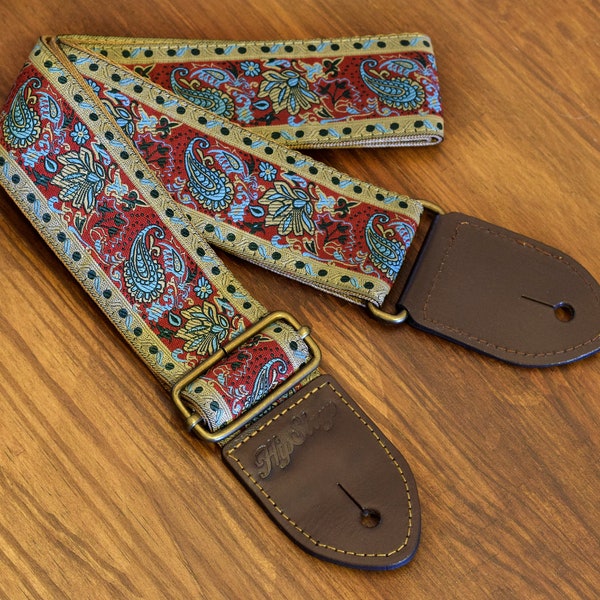 New Limited Edition HipStrap Goa Hendrix Vintage/Hippie guitar strap,leather ends, jacquard woven and metal hardware.Handmade.Free Shipping.