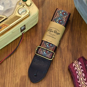 HipStrap Rasayana Hendrix Vintage/Hippie guitar strap, leather ends, jacquard woven and metal hardware. Handmade. Free Shipping.