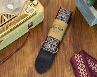 HipStrap Rasayana Hendrix Vintage/Hippie guitar strap, leather ends, jacquard woven and metal hardware. Handmade. Free Shipping.