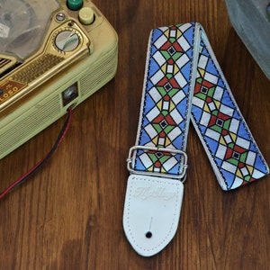 HipStrap Stained Glass vintage style guitar strap, leather ends, jacquard woven and metal hardware. Hendrix.  Handmade. Free Shipping.