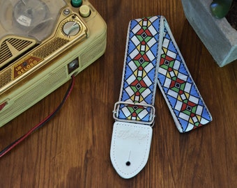 HipStrap Stained Glass vintage style guitar strap, leather ends, jacquard woven and metal hardware. Hendrix.  Handmade. Free Shipping.