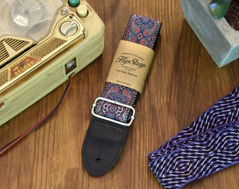 HipStrap Kashmir Midnight Vintage style guitar strap, leather ends, jacquard woven and metal hardware. Handmade.Free Shipping strap