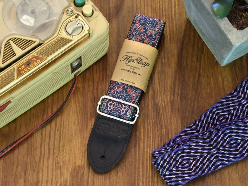 HipStrap Kashmir Midnight Vintage style guitar strap, leather ends, jacquard woven and metal hardware. Handmade.Free Shipping strap image 1