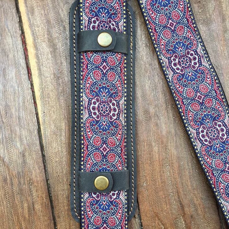 HipStrap Kashmir Midnight Vintage style guitar strap, leather ends, jacquard woven and metal hardware. Handmade.Free Shipping strap image 6