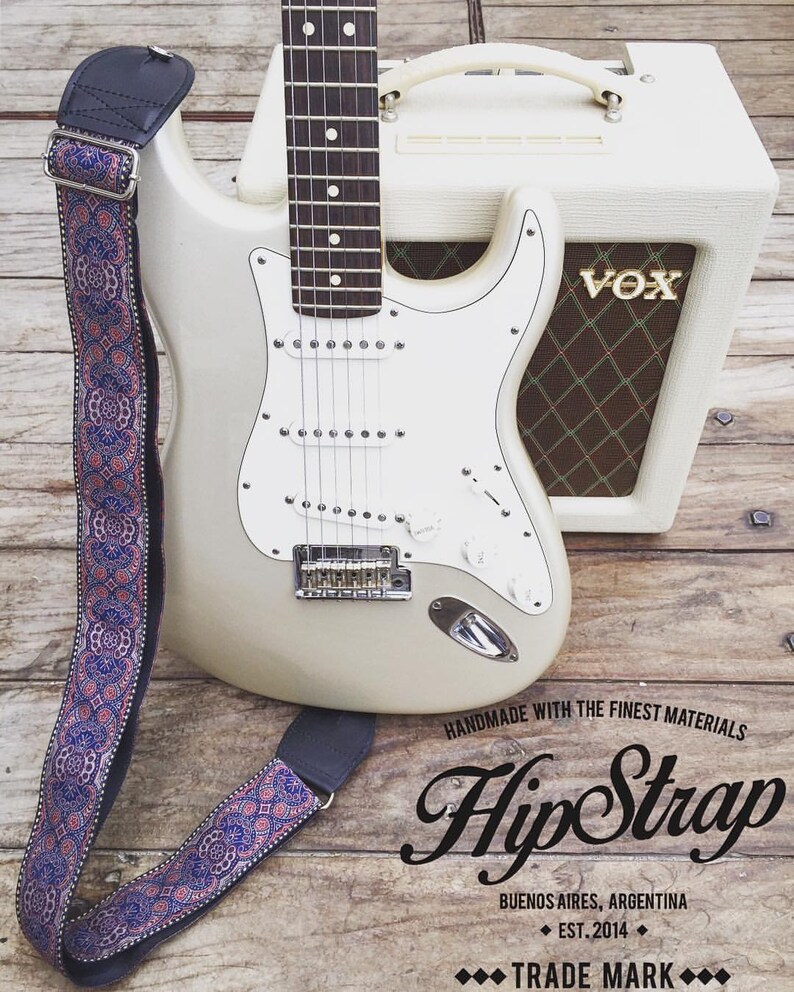 HipStrap Kashmir Midnight Vintage style guitar strap, leather ends, jacquard woven and metal hardware. Handmade.Free Shipping strap image 7