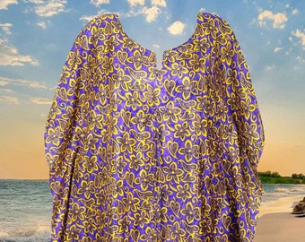 Women Midi Kaftan Dress, Purple Yellow Print, Boho Recycle Silk Kaftan, Resort Vacation Beach Dress, Hippie Kimono Sleeves Dress SML