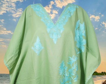 Kaftan For Womens, Indian Floral Kaftan, Mint Green Embroidered Resort wear, Handmade kaftan, Cotton Midi dress, Gifts for her L-4XL