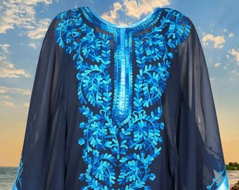Womens Short Resort wear kaftan, Royal Blue Black Embroidered Sheer, Australia, Luxury wear Kaftan, Designer beach wear S/XL