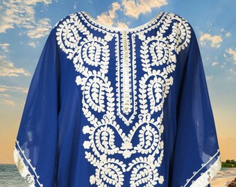 Women's Party caftan, Blue Hand Embroidered kaftan, Hippie Style Short, Indian Tunic, Loose dress S/XL