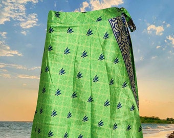 Womens Wrap Skirt, Summer Beach Cover Up, chartreuse GReen Floral Printed Sari Skirt, Two Layer Silk Sari Magic Wrap Around Skirts One size