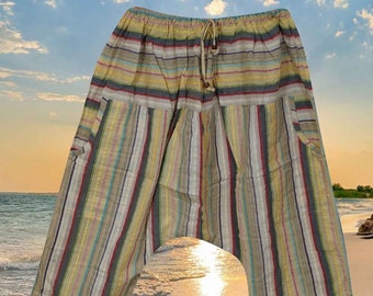 Boho Yoga Pants, Melon Crème, Green Stripe Colorful Print Cotton Loose Baggy Pants, Casual BEACH YOGA Comfy Pants S/M/L