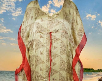 Womens Beach Dress, Maxi Kaftan, Recycle silk Beige Red Printed Caftan, GIFT FOR mom, Travel fashion, Handmade Dresses, L-XL One size