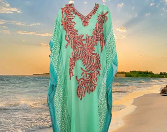 Womens Fashion, Designer Kaftans Maxi Dress, Ocean Green Printed Sheer Caftan, Beach Party Wear, Embroidered Loungewear Dress L-4X, One size