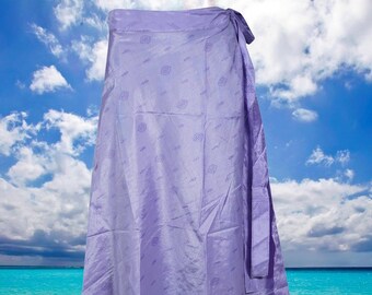 Womens Long Wrap Skirt, Vintage Sari Skirt, Beach Wear Reversible 2 Layer Skirts, Lavender Floral Printed Wrap Skirts One Size