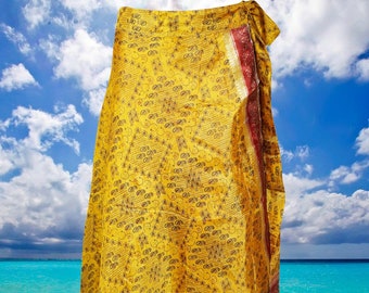 Womens Long Wrap Skirt, Limoncello Beach Cover Up Yellow Floral Printed, Boho Two Layer Silk Sari, Magic Wrap Around Skirts One size