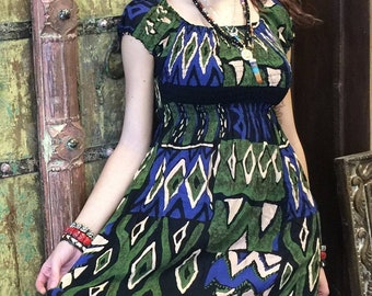 Womens Summer Dresses, Blue Vintage 70s Floral Cap Sleeves Dress, Boho Chic Crinkle Sundress SM