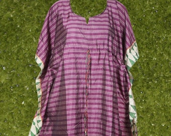Womens Caftan Maxi Dress, Mindful Fashion Recycled Sari Purple Plum Printed Summer bOHO Kaftan Beach Tunic Dresses L-XL