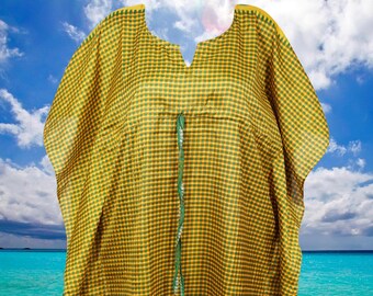 Womens Midi Caftan Dress, Green Yellow Loose dresses, Beach Kaftan, Resort Travel, Recycle Sari Dresses SML One size
