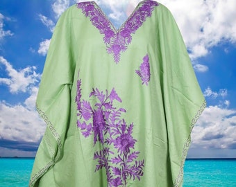 Kaftan For Womens, Mint Green, Purple Floral Embroidered Midi Kaftan, Handmade, Cotton Midi dress L-4XL