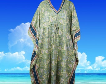 Women's Travel Kaftan Dresses, Maxi Dress, Green Beige Floral Printed Dress, Beach Cover ups, Viscose Silk Caftan Dress, GIFT S-2X, One size
