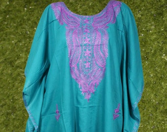 Womens Kaftan, Midi Dresses, Vintage Teal Blue, FIREWORKS MARGARITA, Loose Caftan Dresses, Floral Embroidered Kaftan Dress, One size L-4XL