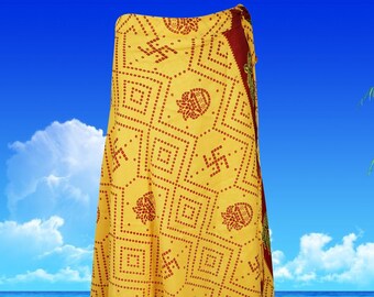 Womens Long Wrap Skirt, "Sweet Supply" BOHO Beach Sari Skirt, Reversible 2 Layer Skirts, Yellow Floral Printed Wrap Skirts One Size