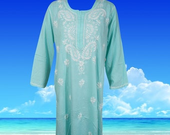 Women's Embroidered Long Tunic Dress, Indi Boho Kurti, Light Blue Handmade Bohemian Long Tunic, Summer Floral tunics, Gift L