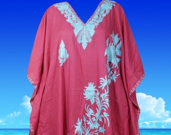 Womens Embellished Floral Short Caftan, soft, neon pink, Lounger Cover Up Tunic DRESS One Size L-4XL