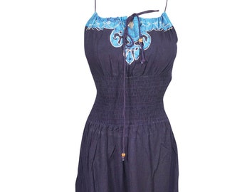 Womens Maxi Dress, Boho Blue Batik Print Embroidered Dress, Summer Spaghetti Strap Dresses, Bohemian Beach Fashion SM