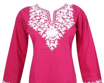 Womens Tunic Boho Hippie Gypsy Blouse Cotton Pink Floral Embroidered Long Sleeves Tops M