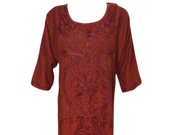 Womens Deep Red Maxi Dress, Embroidered Soft Stonewash Rayon lounge Dresses, Comfy Patio Dress, Resort dress, Long Housedresses L