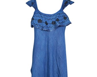 Blue Tank Dress Embroidered Stonewashed Sleeveless Flare Umbrella Style Beach Cover Up Tank Dress S