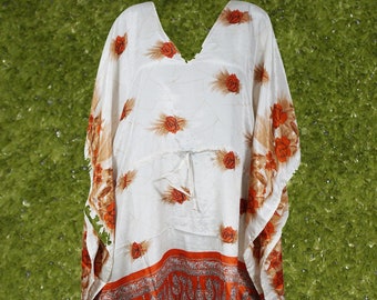 Womens Kaftan Maxi Dress, Hershey’s, White Orange Floral Printed Sari Caftan, HOLIDAY GIFT, Lounger, Boho fashion L-2Xl One size