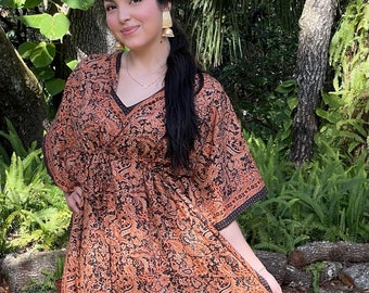 Women Kaftan Maxi Dresses, Resort Cruise Caftan Dress, Peach Black Paisley Printed Beach Silk Maxi Dresses, L-3XL One Size