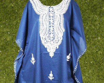 Womens Kaftan, Midi Dresses, Negroni, Deep Mid Night blue, Loose Caftan Dresses, Floral Embroidered Kaftan Dress, One size L-4XL