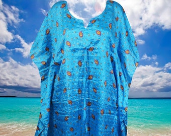 Women's Midi Caftan Dress, Sari Silk Blue Paisley Print, Cover Up, Beach Dress, Resort Wear Kaftan SML One size