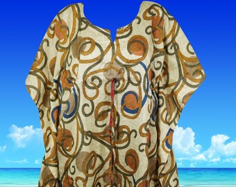 Womens Beach Kaftan Dress, Midi Length, Recycle sari, Beige Orange Printed Caftan, Bikini Cover up loose Dress L-4XL, One size