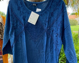 Womens Tunic Shirt, Blue Tunic Blouse, Long Sleeves, Floral Embroidered Boho Blouse, Fall Fashion M