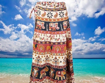 Boho Wrap Skirt, Cotton Maxi Wrap Around Skirt, Handmade Red Black Elephants Beach Wrap Dress, Travel Wrap Skirt SML