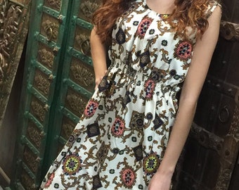 Womens Summer Dress, Sleeveless White Printed Dresses, Summer Boho Chic Sundress S/M