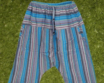 Mens Seersucker Blue Stripes Cotton Harem Pants, Ankle Cuff Pants with Pockets Yoga Beach Boho Elastic Waist Trousers S/M/L