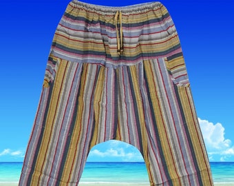 Mens Yoga Striped Cotton Pants, Unisex Urban Boho Harem Pants, Green Purple Mix Beach Festival Pirate Pants S/M/L