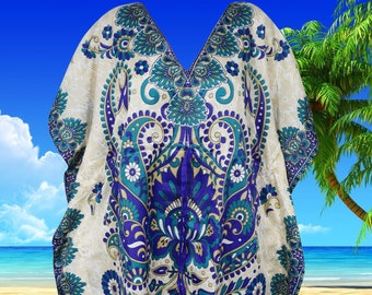 Womens Short Kaftan, Hippie Short Dress, Blue Off White Boho Clothing,Beach Coverup, Short Caftan, One size L-2XL