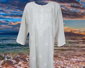 Womens Long Tunic Dress, Caftan, Pure Cotton Beautiful Floral Hand Embroidered Boho Dresses, Summer Travel Beach Gift, L