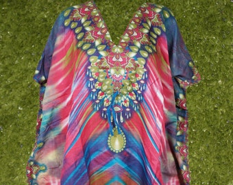 Short Kaftan Boho Tunic, Kimono, Women's Kaftan Dress, Blue Pink Jewel Digital Print, V Neck Caftan Dress One Size L-2XL