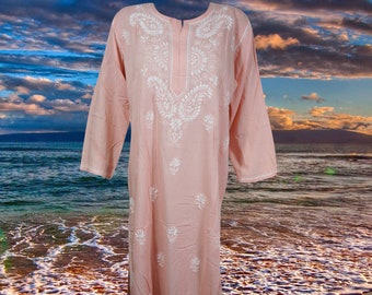 Women's Tunic Kaftan Dress, Cotton Pink Embroidered Bohemian Caftan, Beach Cover Up Long Travel Tunic L